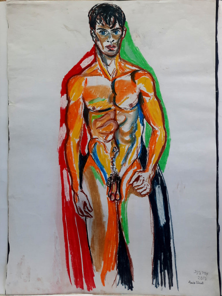 chalk and pastel drawing on paper - Amir Ginat Male Art - Nude Model - naked male model full frontal not aroused 
