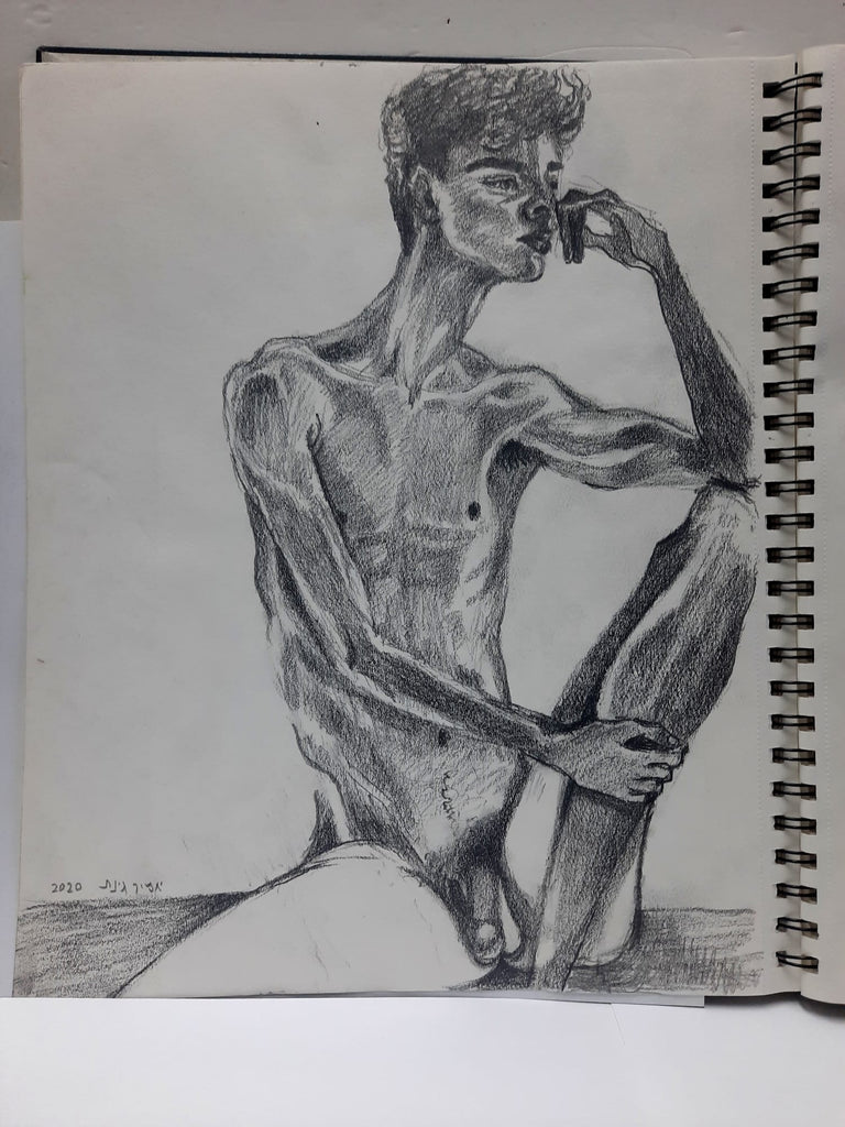Graphite drawing on paper - male nude full frontal