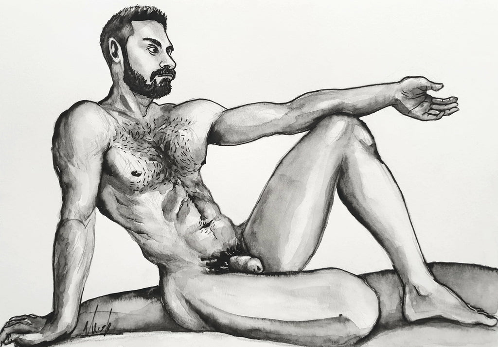 Graphite and water color on paper by Avishay Levi - Open Hand - Nude male sitting on the ground with an open hand. black and white.