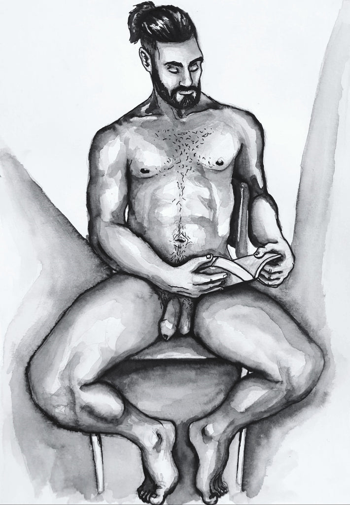 Graphite and water color on paper by Avishay Levi - Reading - Nude long-haired male model sitting full frontal on a chair reading a book. black and white.