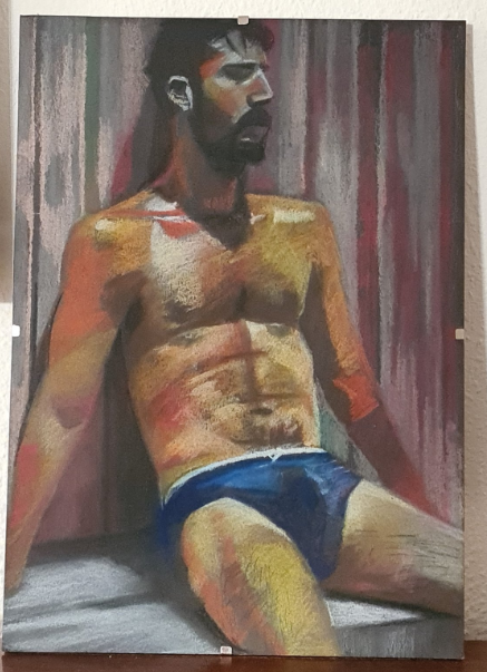 an original artwork by Chen Tuby - color pastel on paper - bearded man sitting in his blue underwear leaning his back on a wooden wall
