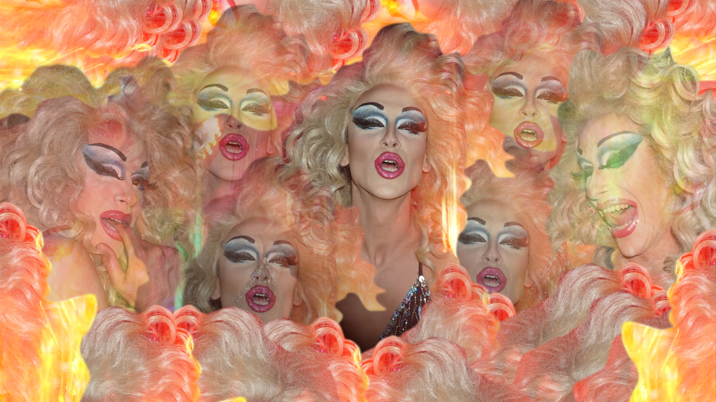 Digital collage by Ben Hantkant - Yossale - a drag queen, is pasted together in many duplicates with yellow and red background