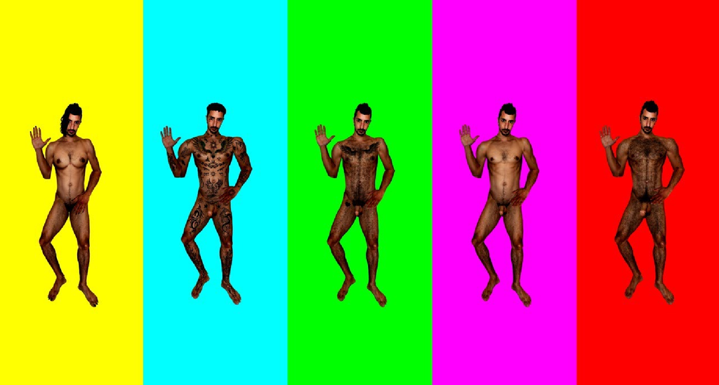 Digital art by Ben Hantkant - Vintage "out of service" TV channel colored screen with nude self portraits in different variations