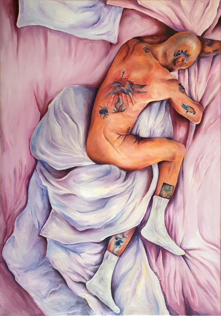 An oil painting - Adrian Frejowski - Sebastian - a tattooed naked bald man laying in a lilac bed alone hugging a blanket and wearing only socks