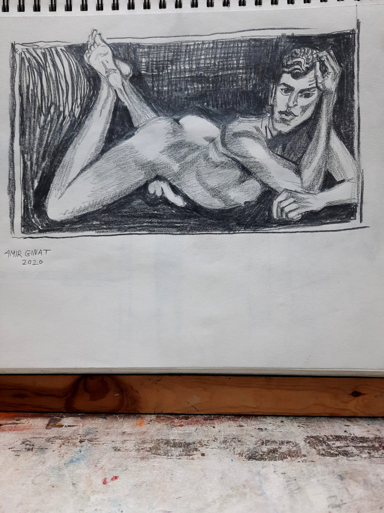 Graphite on paper drawing man lying nude with erection
