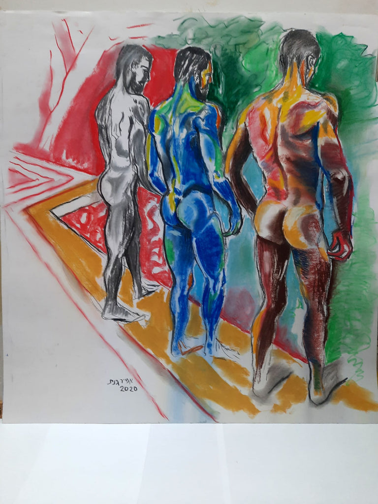 Chalk pastel on paper - Amir Ginat Male Art - Three Bathers - three male nude models in a rear view with exposed butts in read, blue and yellow with green background