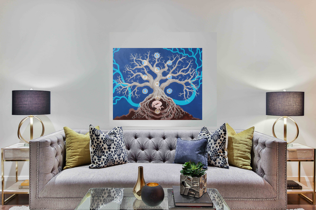 Acrylic painting on canvas - Ananda (Noam Paz) - Inwards - nude man positioned like a fetus in the roots of a big tree with earth and a blue background - hung on wall