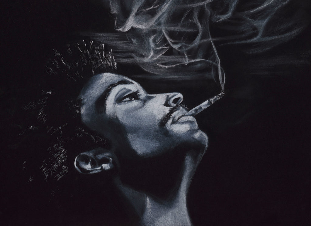 Art by Chen Tuby - Jan - White pastel on black paper - man with curly hair smoking a cigarette