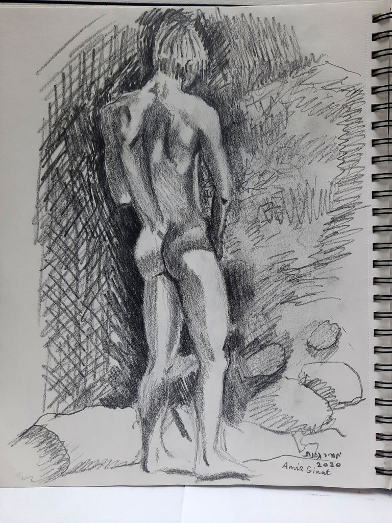 graphite drawing on paper - Amir Ginat Male Art - Nature Boy 3 - naked male model from behind