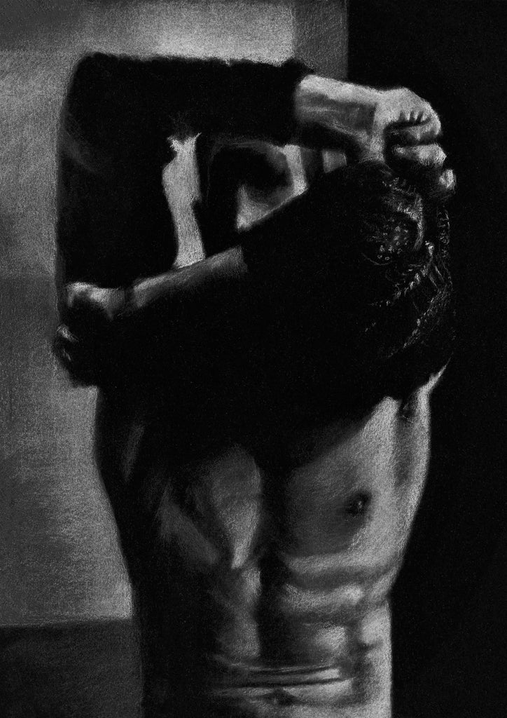 Art by Chen Tuby - Jan - White pastel on black paper - a man undressing taking his top off