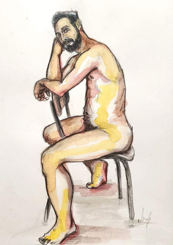 Graphite and water color on paper by Avishay Levi - Sitting - Nude male model sitting on a chair - side view. yellow with white background